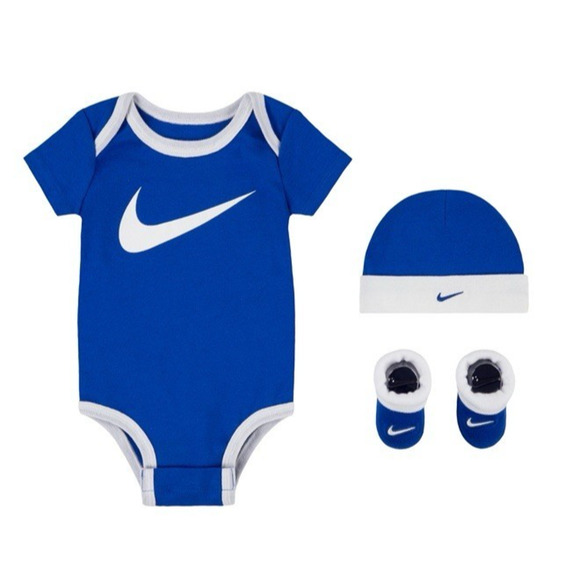 Nike Swoosh 3-Piece Bodysuit, Beanie & Booties Set Blue Infant Size 0-6 Months - Picture 1 of 7